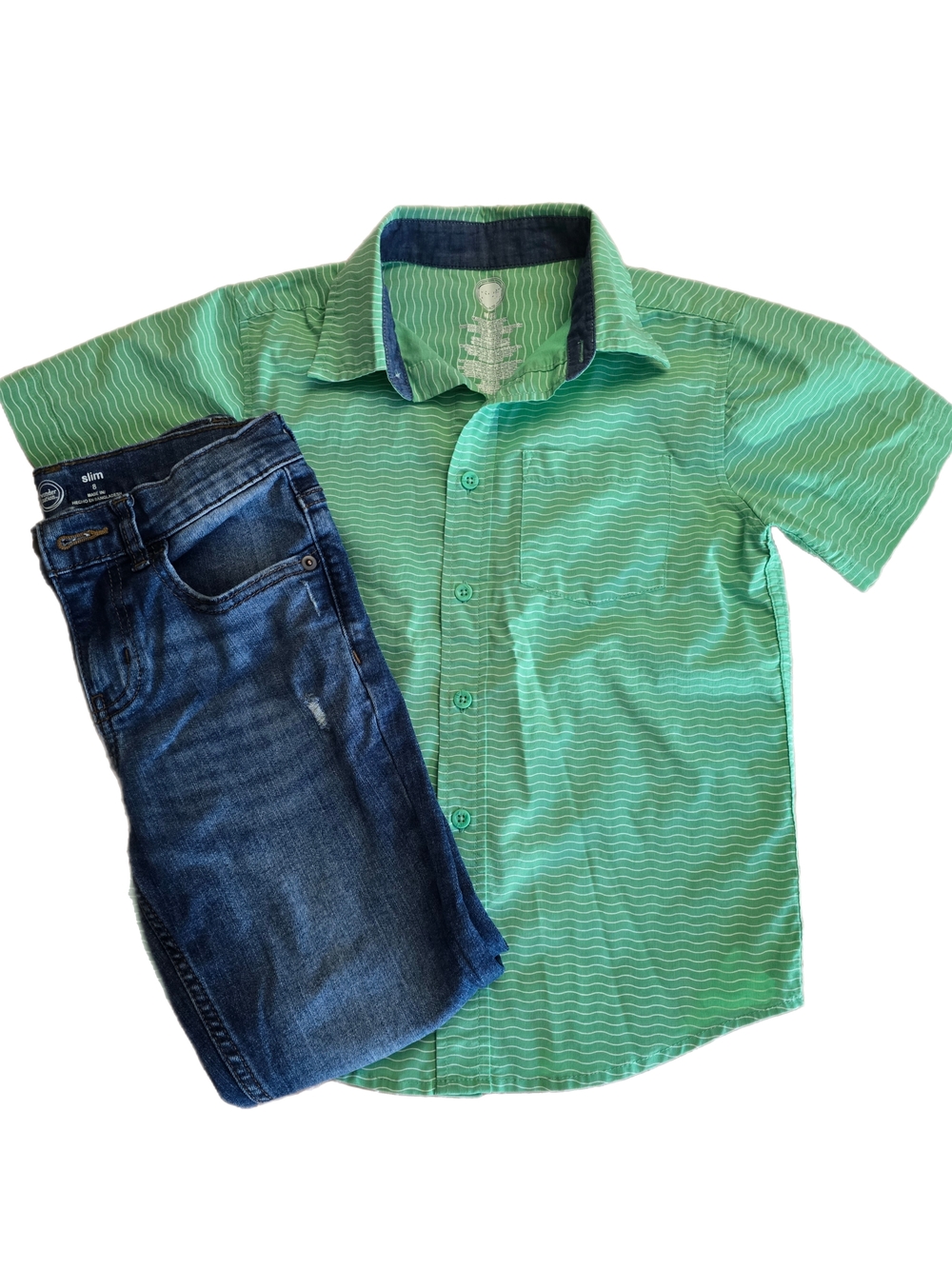 Boys Green Button-Up Shirt & Blue Denim Jeans Outfit Set - Size 8/Med